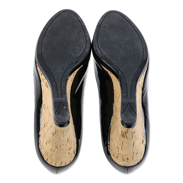 Prada Sport Black Patent Leather Peep Toe Cork Wedge Pumps
