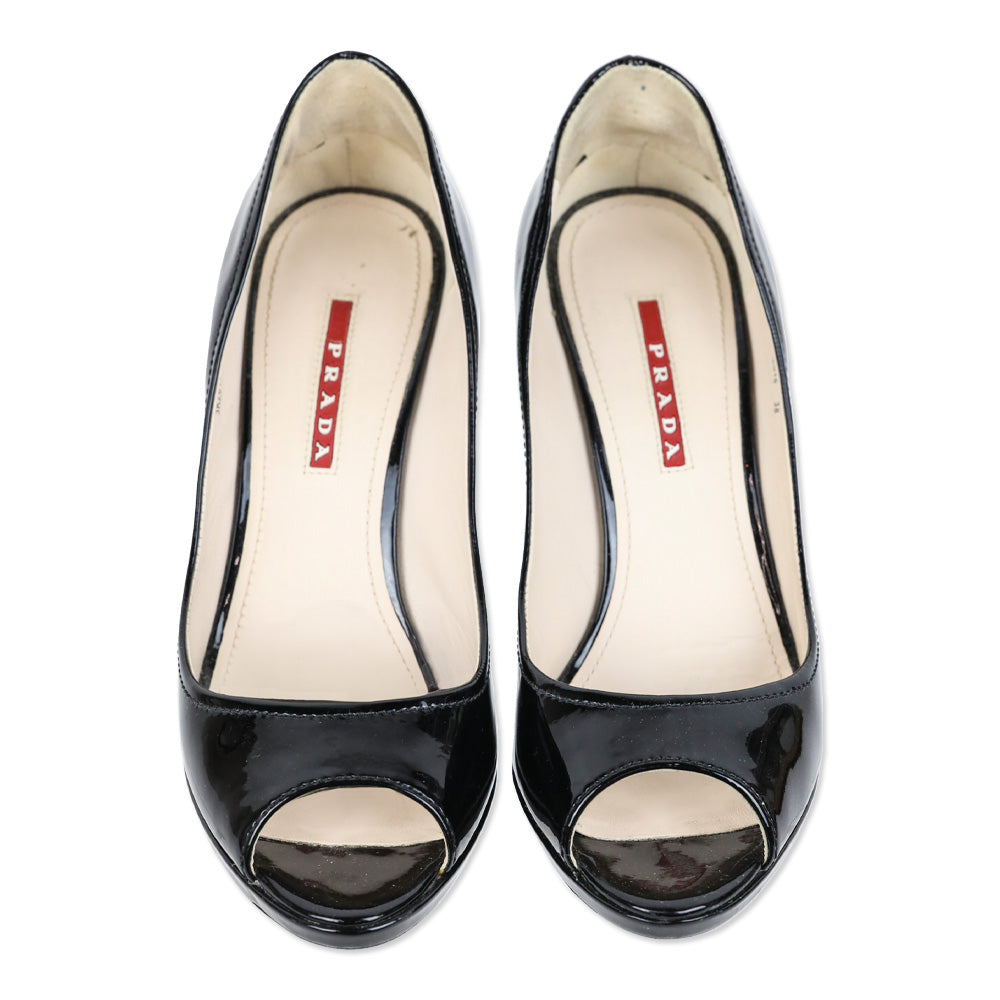 Prada Sport Black Patent Leather Peep Toe Cork Wedge Pumps