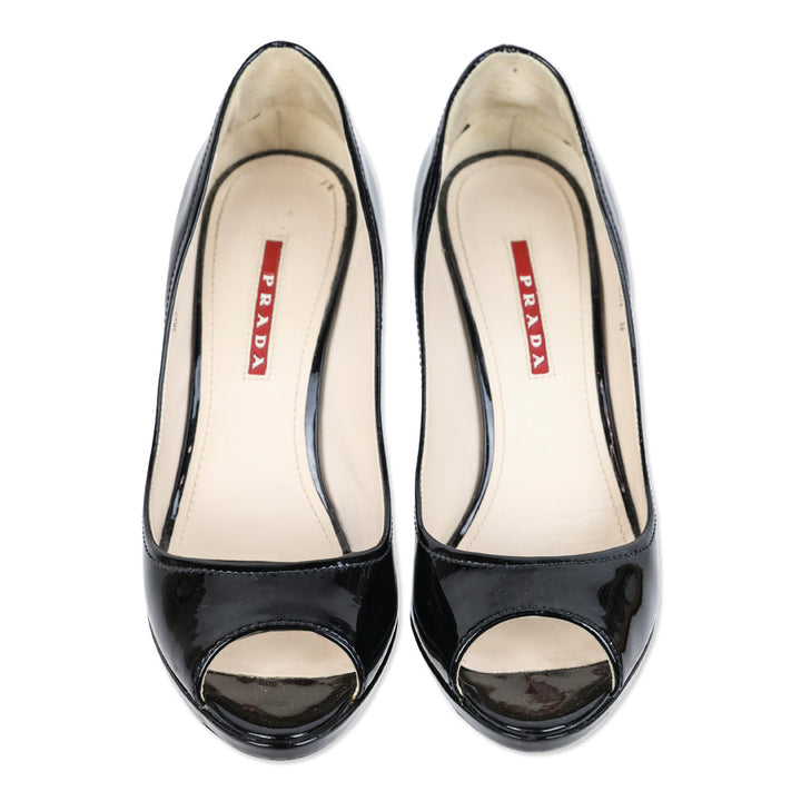 Prada Sport Black Patent Leather Peep Toe Cork Wedge Pumps