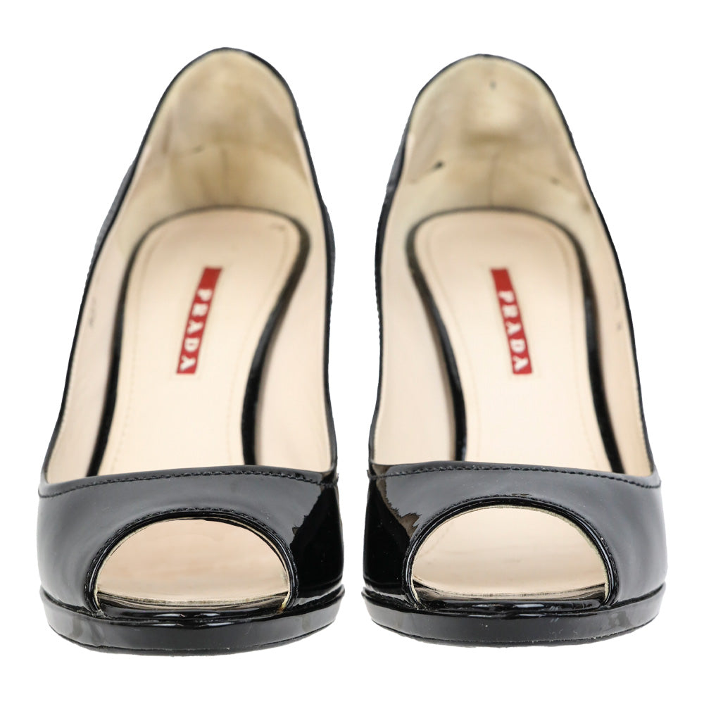 Prada Sport Black Patent Leather Peep Toe Cork Wedge Pumps