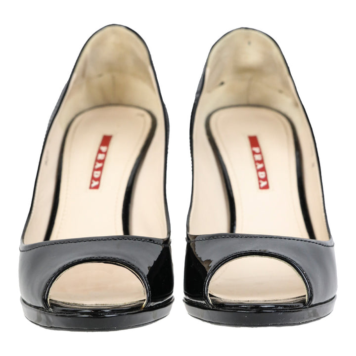 Prada Sport Black Patent Leather Peep Toe Cork Wedge Pumps