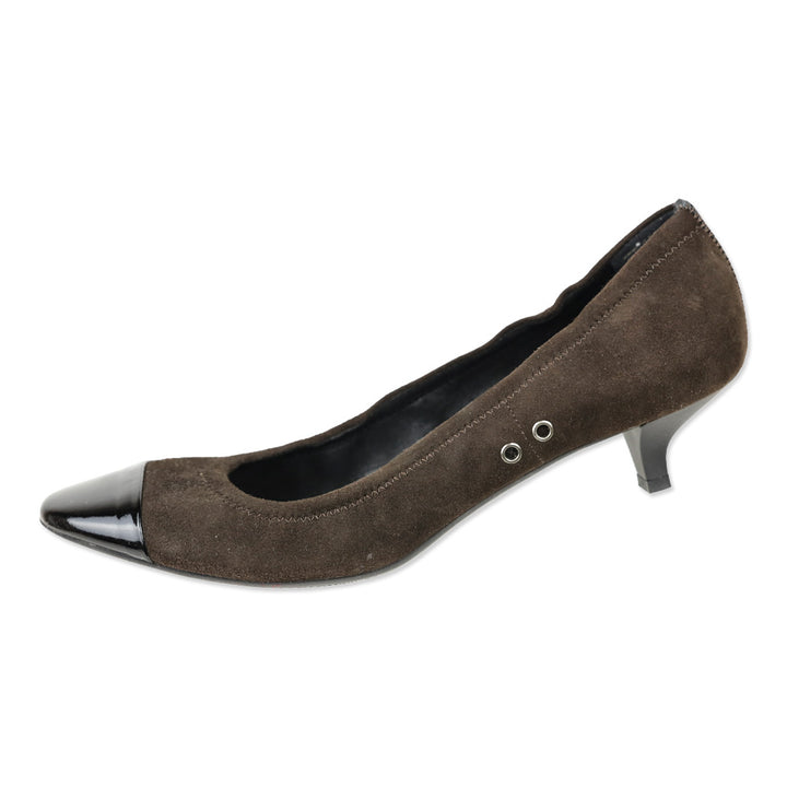 Prada Sport Brown Suede Patent Cap Toe Kitten Heel Pumps