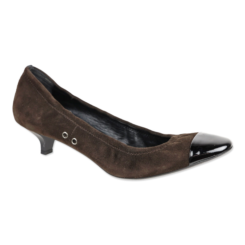 Prada Sport Brown Suede Patent Cap Toe Kitten Heel Pumps
