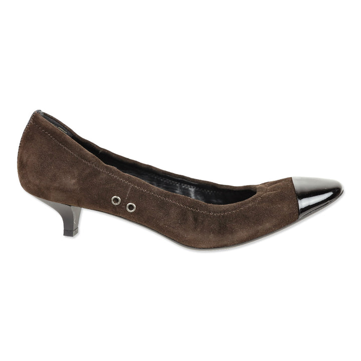 Prada Sport Brown Suede Patent Cap Toe Kitten Heel Pumps