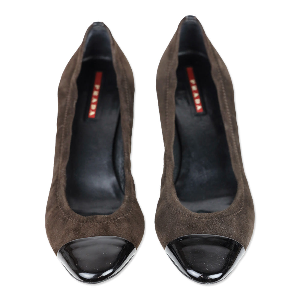Prada Sport Brown Suede Patent Cap Toe Kitten Heel Pumps