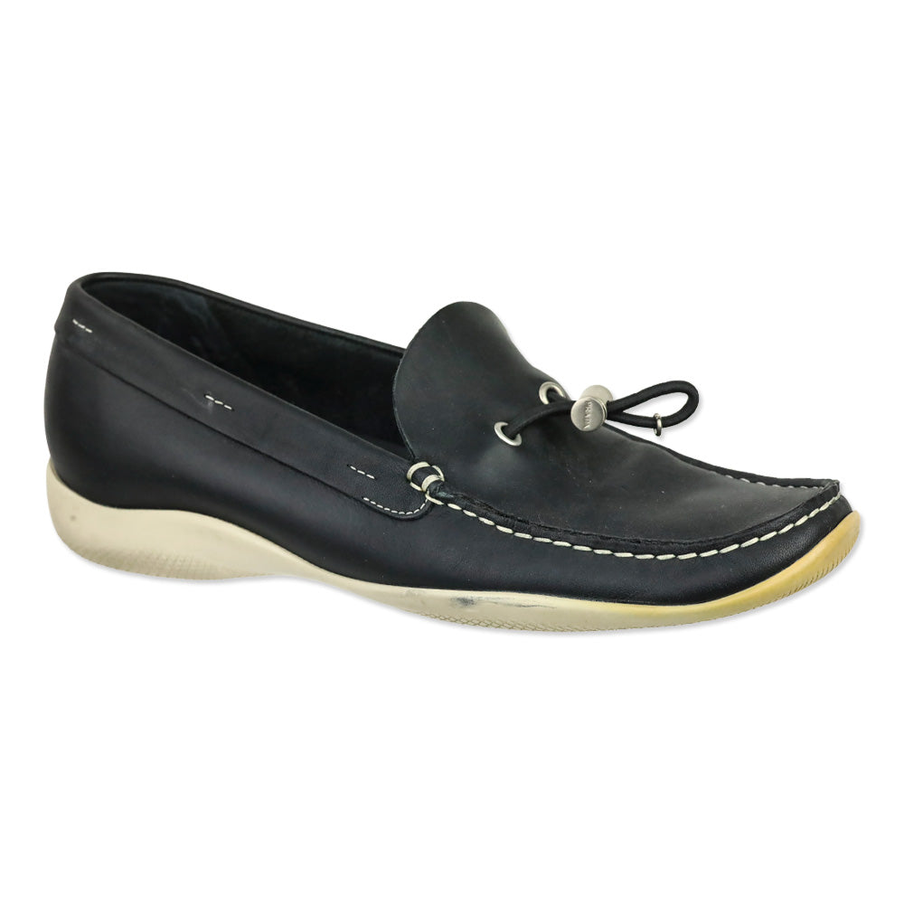Prada Sport Deep Navy Blue Leather Toggle Lace Driving Loafers
