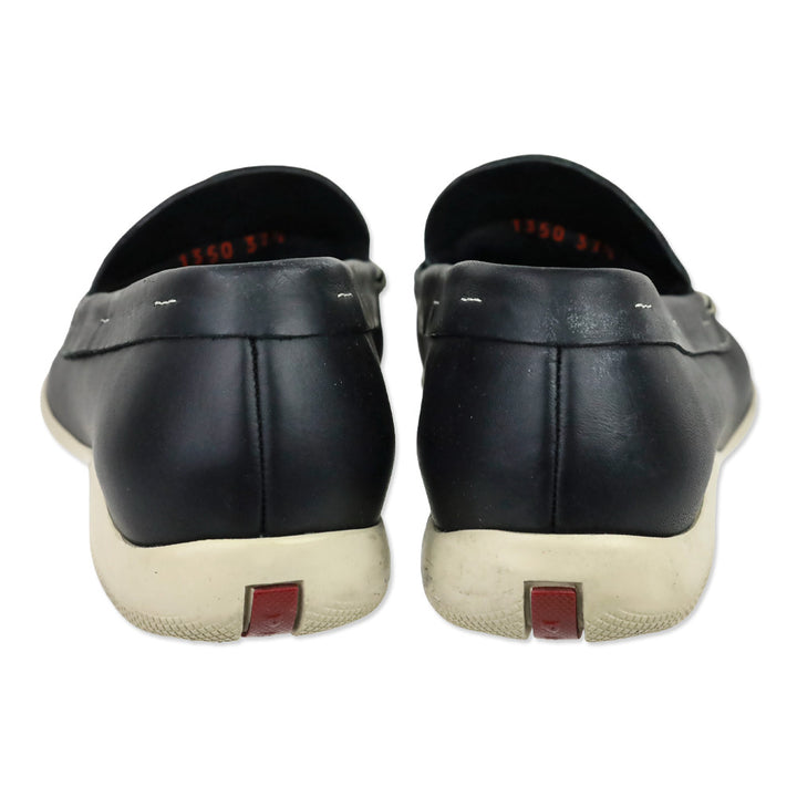 Prada Sport Deep Navy Blue Leather Toggle Lace Driving Loafers