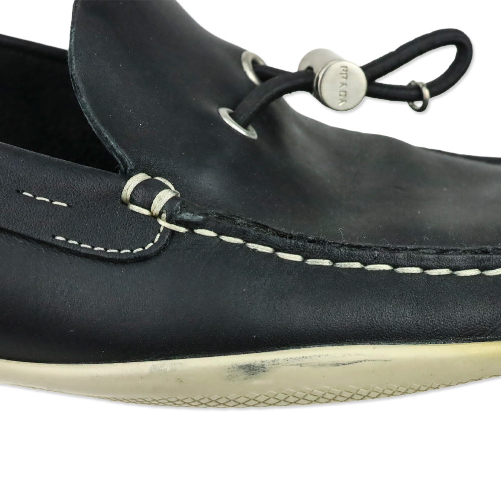 Prada Sport Deep Navy Blue Leather Toggle Lace Driving Loafers