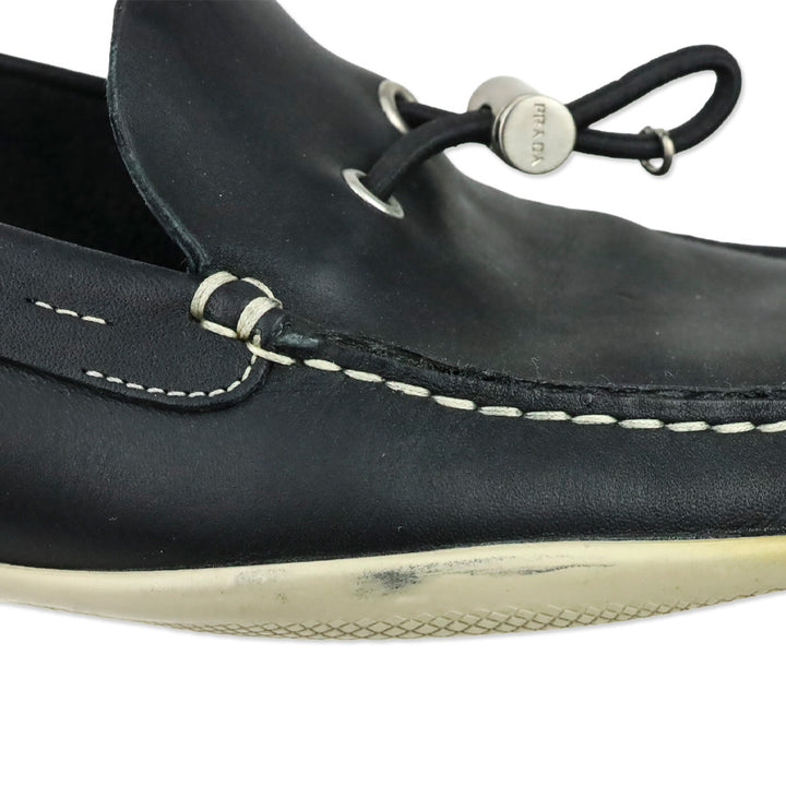 Prada Sport Deep Navy Blue Leather Toggle Lace Driving Loafers