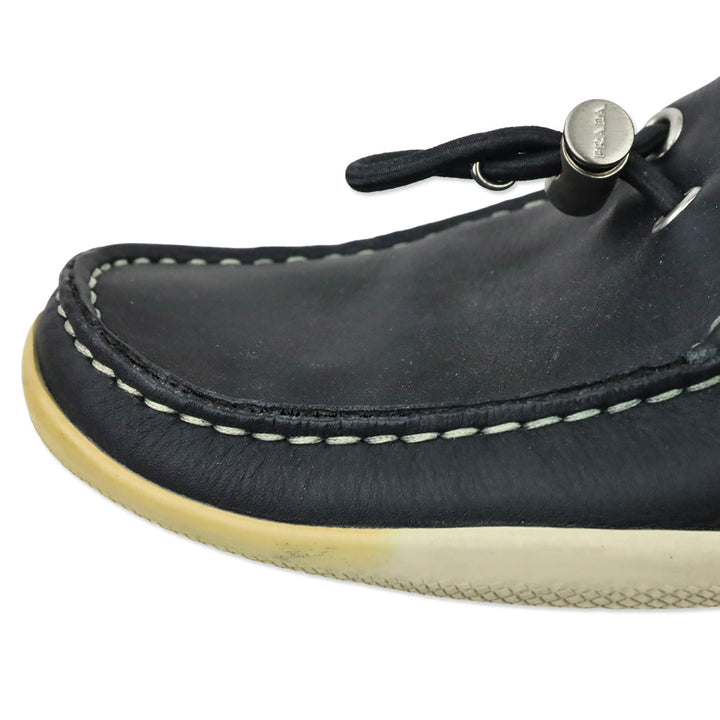 Prada Sport Deep Navy Blue Leather Toggle Lace Driving Loafers