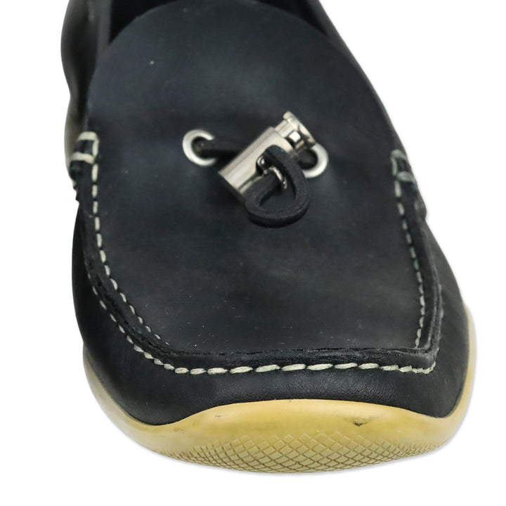Prada Sport Deep Navy Blue Leather Toggle Lace Driving Loafers
