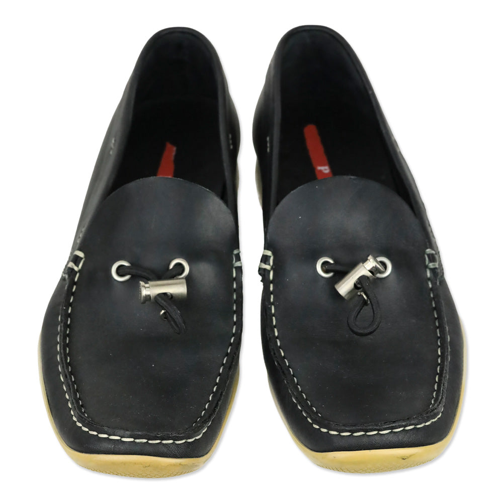 Prada Sport Deep Navy Blue Leather Toggle Lace Driving Loafers