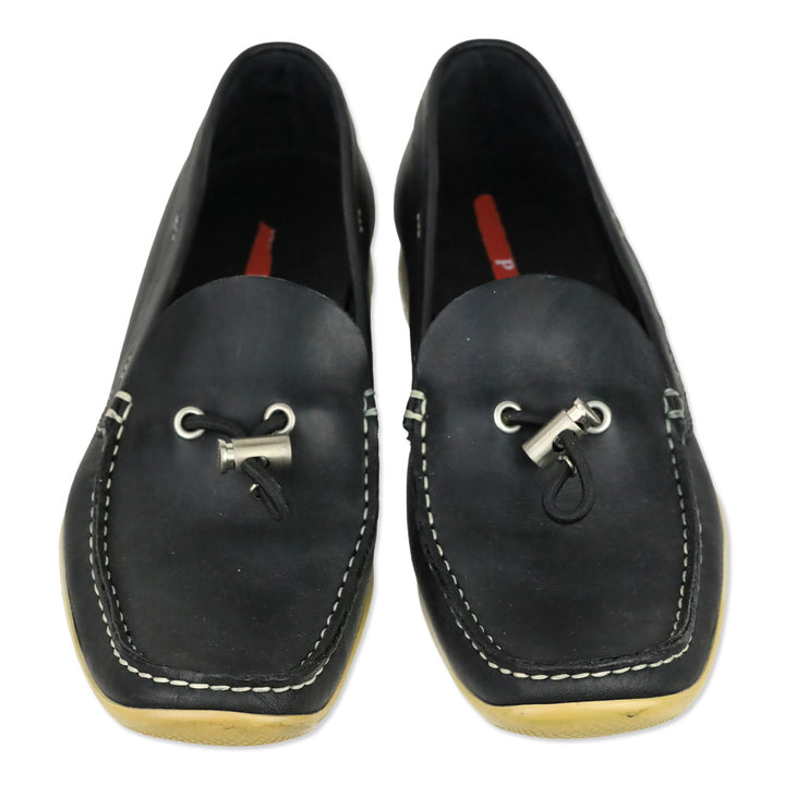 Prada Sport Deep Navy Blue Leather Toggle Lace Driving Loafers