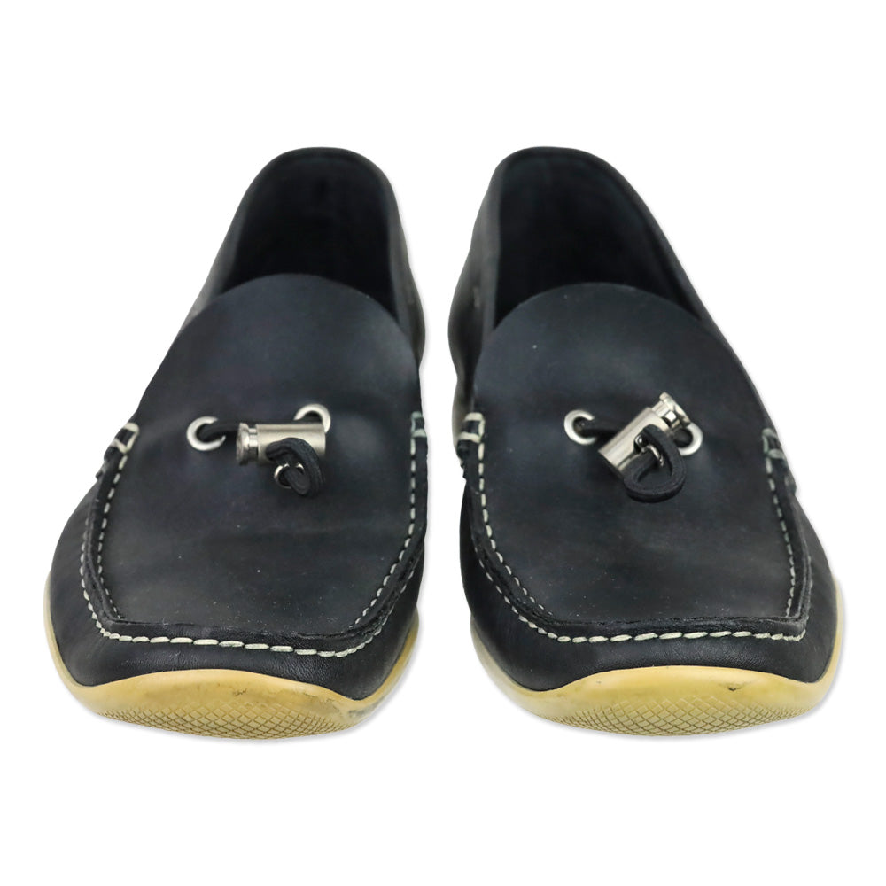 Prada Sport Deep Navy Blue Leather Toggle Lace Driving Loafers