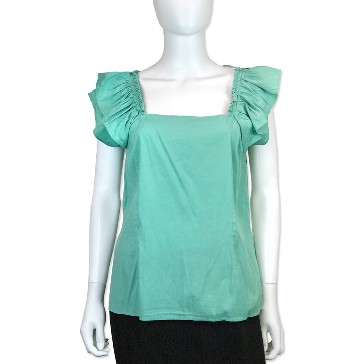 Prada Sport Teal Cotton Blend Square Neck Ruffle Sleeve Top