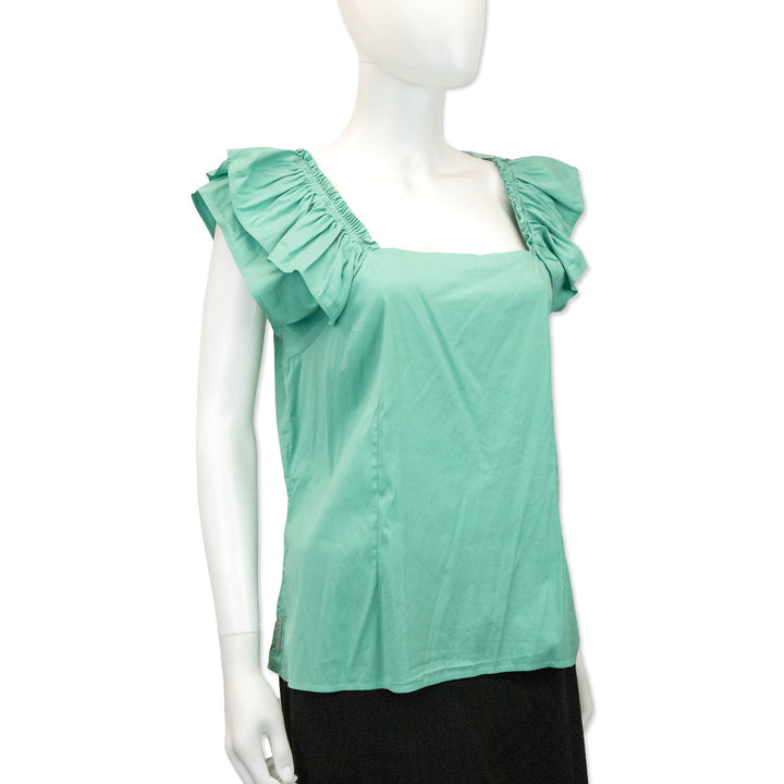 Prada Sport Teal Cotton Blend Square Neck Ruffle Sleeve Top