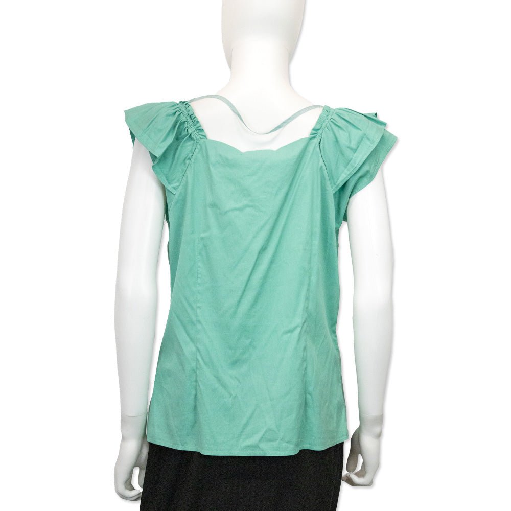 Prada Sport Teal Cotton Blend Square Neck Ruffle Sleeve Top