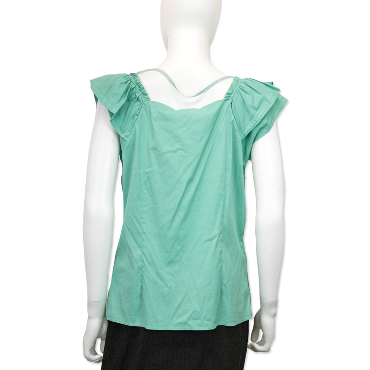 Prada Sport Teal Cotton Blend Square Neck Ruffle Sleeve Top