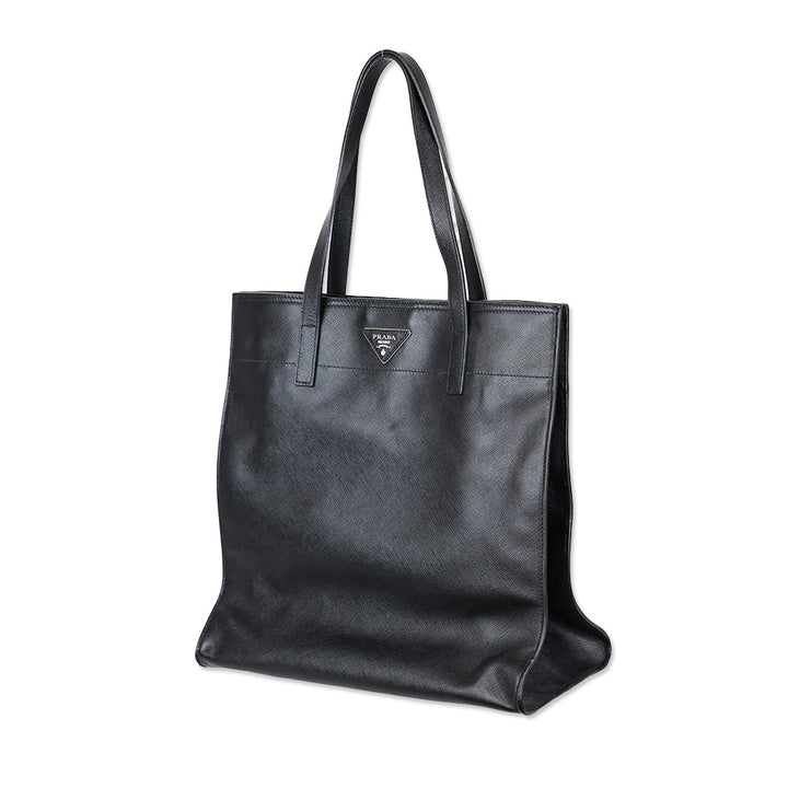 Prada Tall Black Saffiano Grossgrain Leather Convertible Open Tote