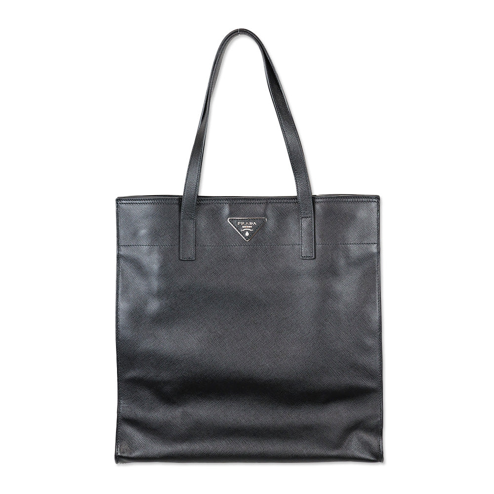 Prada Tall Black Saffiano Grossgrain Leather Convertible Open Tote