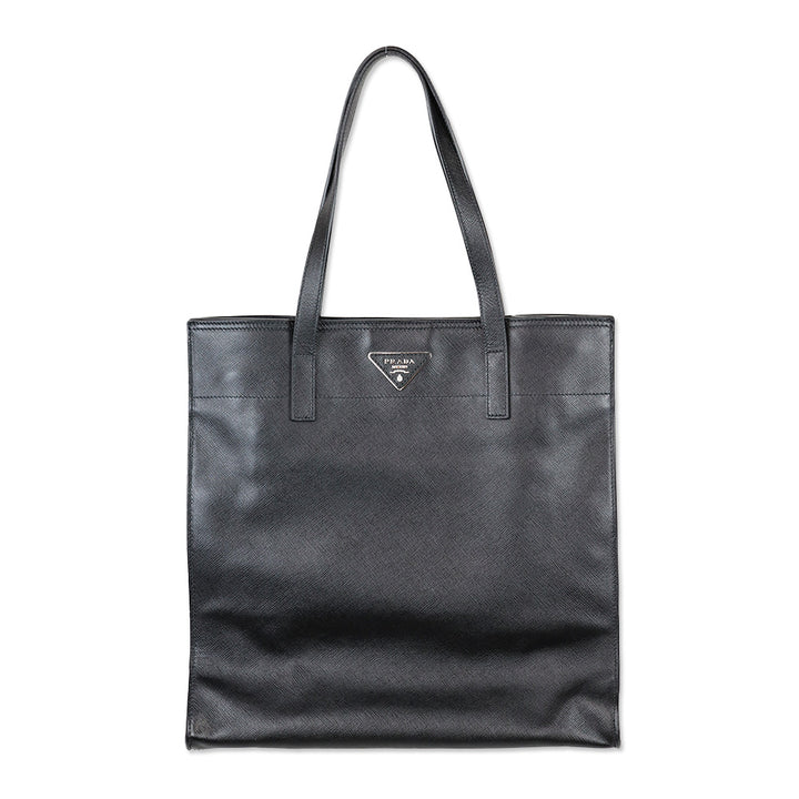 Prada Tall Black Saffiano Grossgrain Leather Convertible Open Tote