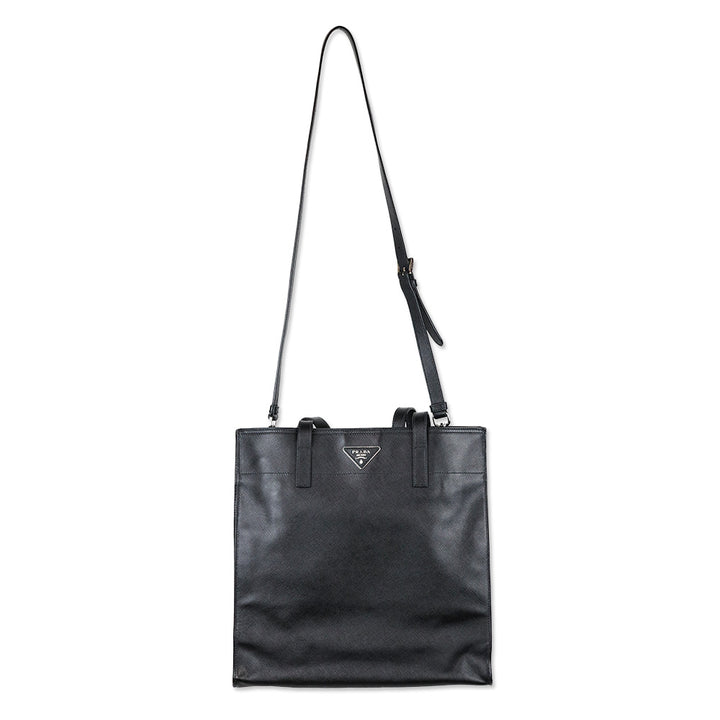 Prada Tall Black Saffiano Grossgrain Leather Convertible Open Tote