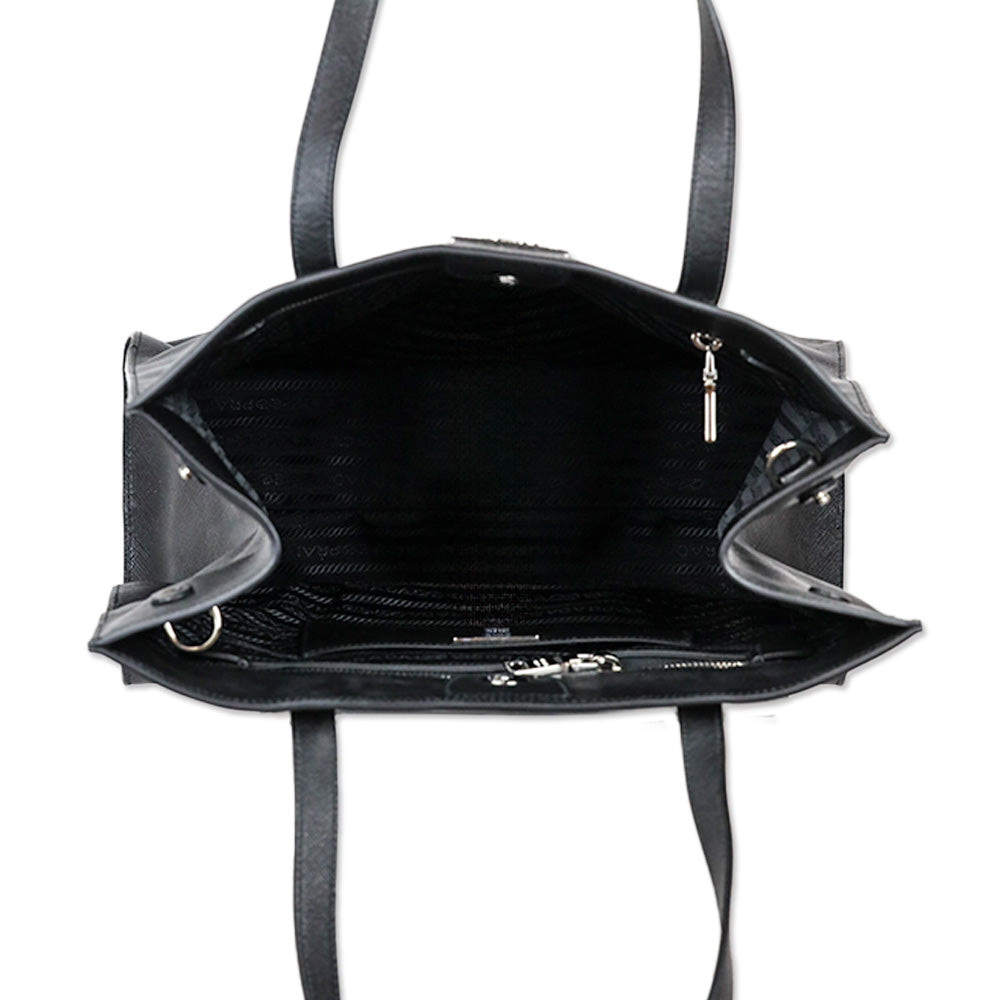 Prada Tall Black Saffiano Grossgrain Leather Convertible Open Tote