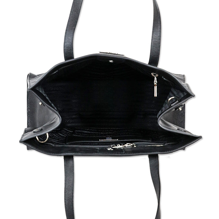 Prada Tall Black Saffiano Grossgrain Leather Convertible Open Tote