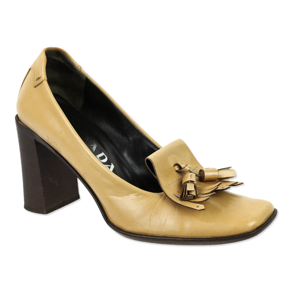 Prada Tan Leather Kilt Tassel Loafer Pumps