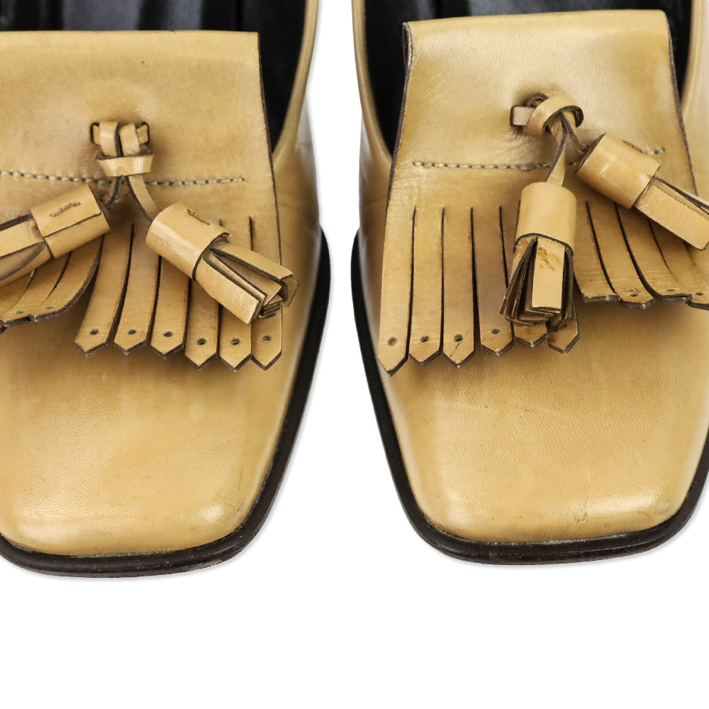Prada Tan Leather Kilt Tassel Loafer Pumps
