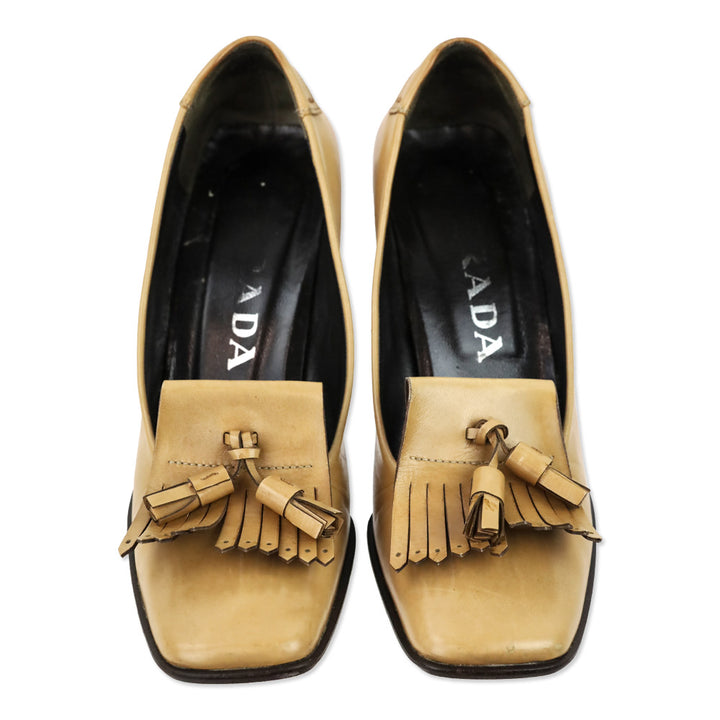 Prada Tan Leather Kilt Tassel Loafer Pumps