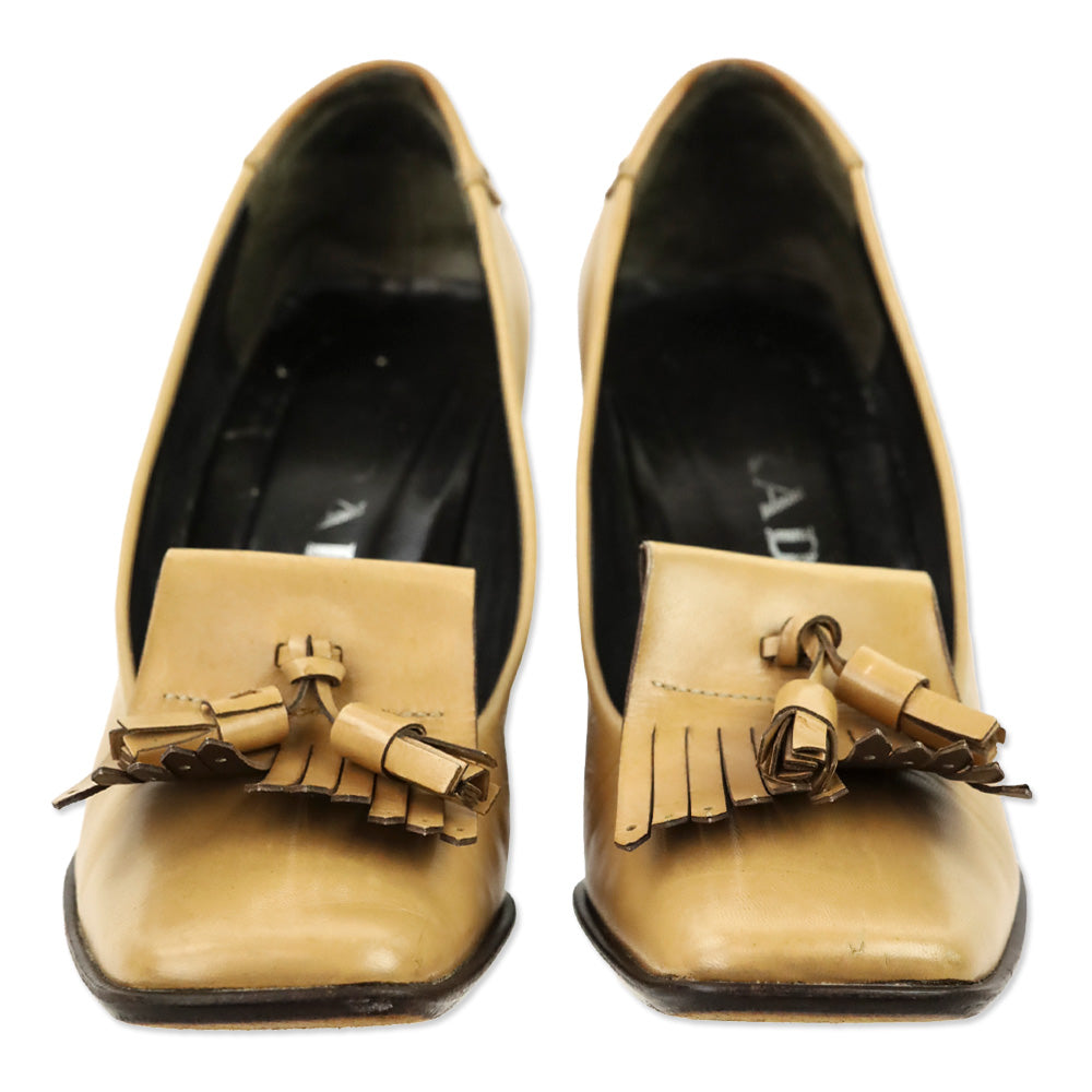 Prada Tan Leather Kilt Tassel Loafer Pumps