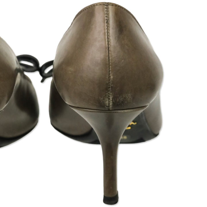 Prada Taupe Leather Black Patent Leather Bow Pumps