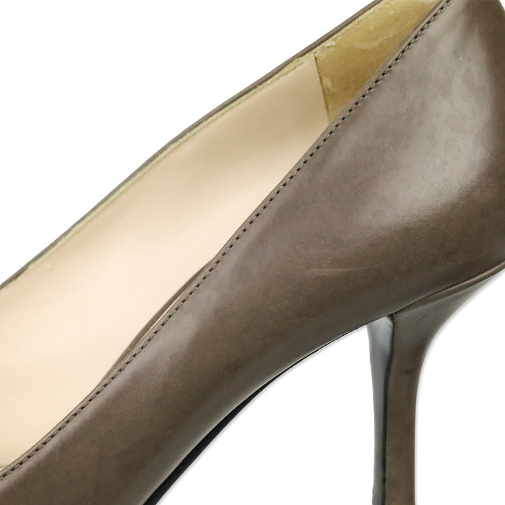 Prada Taupe Leather Black Patent Leather Bow Pumps