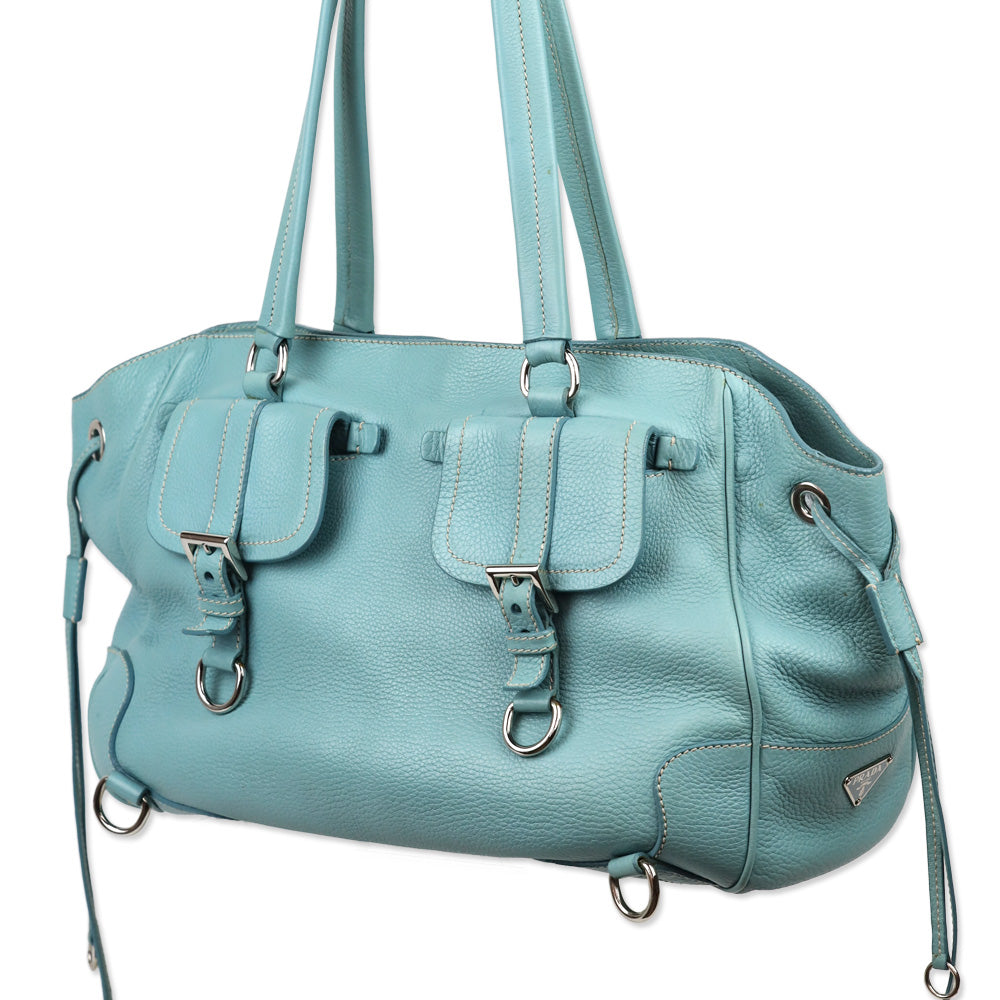 Prada Teal Blue Vitello Daino Leather Drawstring Shoulder Bag