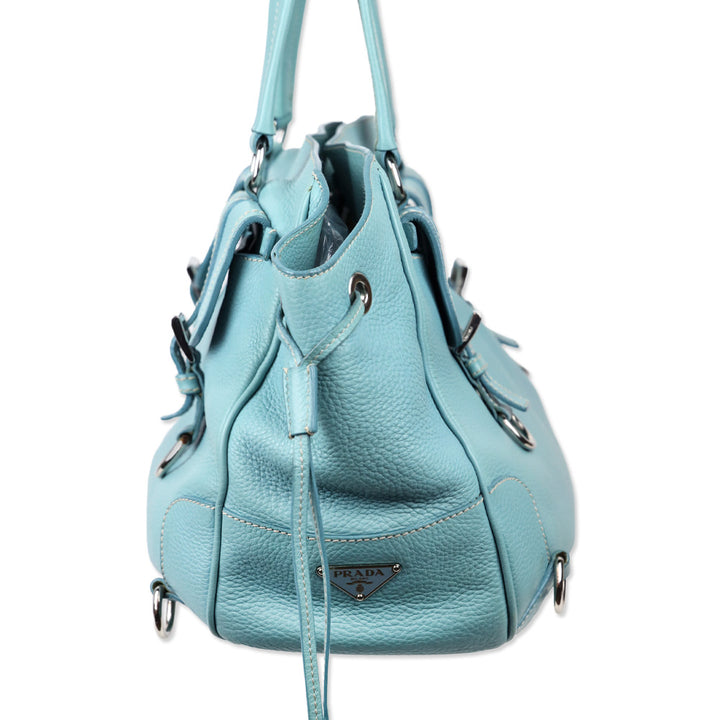 Prada Teal Blue Vitello Daino Leather Drawstring Shoulder Bag