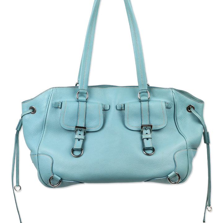 Prada Teal Blue Vitello Daino Leather Drawstring Shoulder Bag