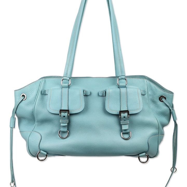 Prada Teal Blue Vitello Daino Leather Drawstring Shoulder Bag