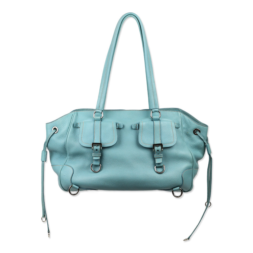 Prada Teal Blue Vitello Daino Leather Drawstring Shoulder Bag