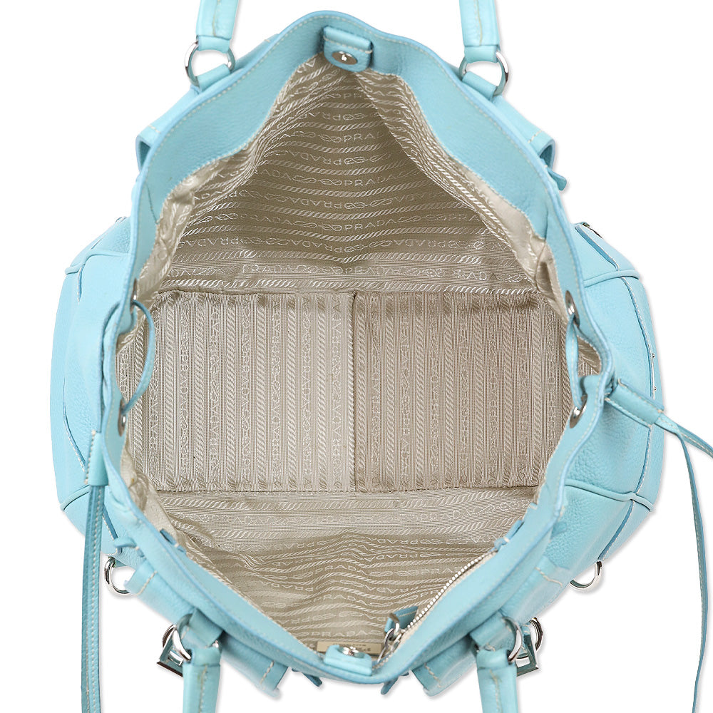 Prada Teal Blue Vitello Daino Leather Drawstring Shoulder Bag