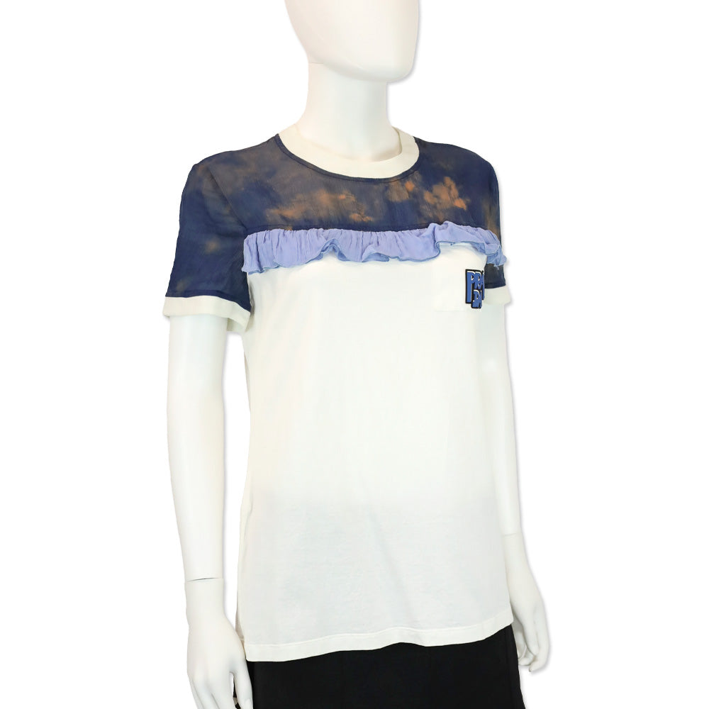 Prada White Cotton/Blue Chiffon Ruffle Trim T-Shirt