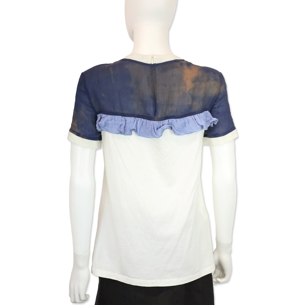 Prada White Cotton/Blue Chiffon Ruffle Trim T-Shirt