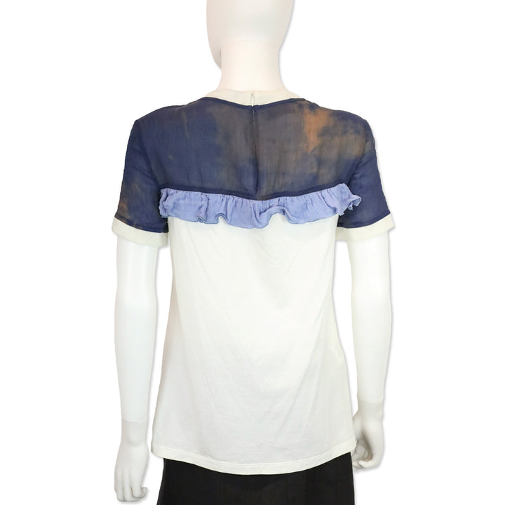 Prada White Cotton/Blue Chiffon Ruffle Trim T-Shirt