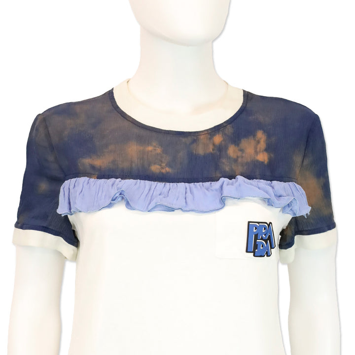 Prada White Cotton/Blue Chiffon Ruffle Trim T-Shirt