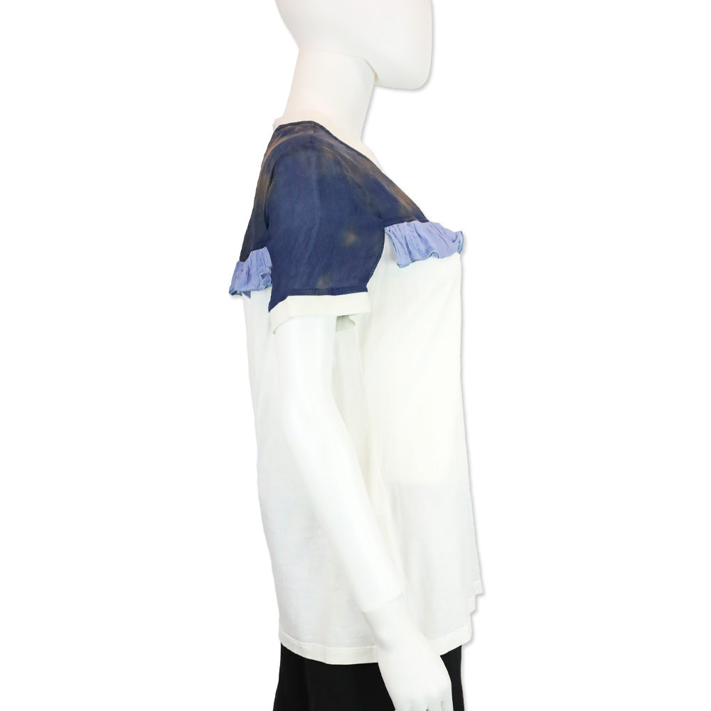 Prada White Cotton/Blue Chiffon Ruffle Trim T-Shirt