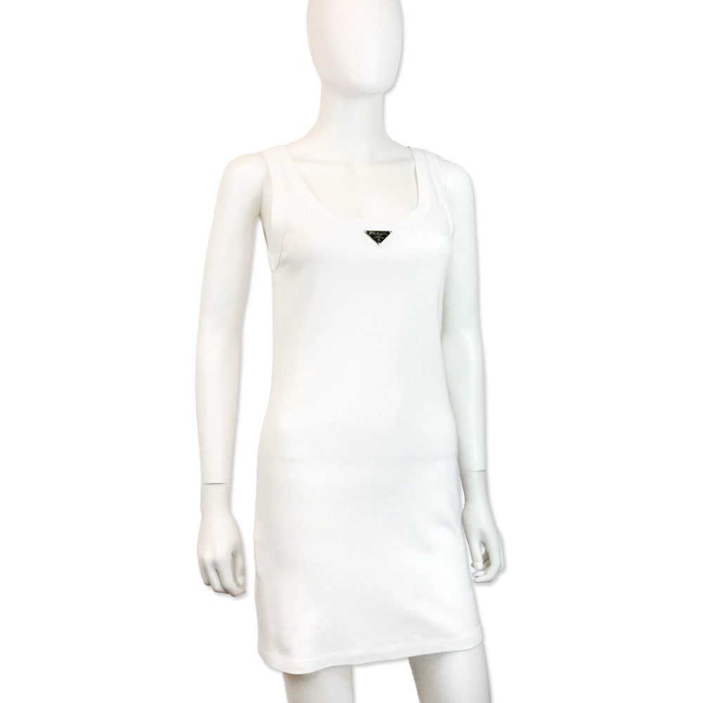 Prada White Enameled-Logo Tank Mini Dress