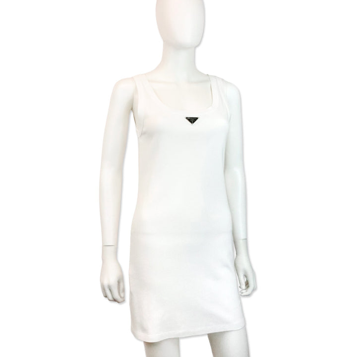 Prada White Enameled-Logo Tank Mini Dress