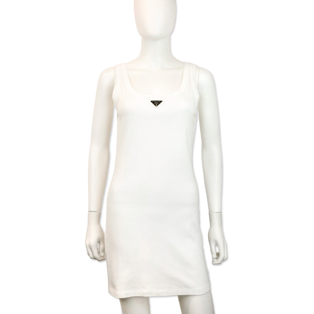Prada White Enameled-Logo Tank Mini Dress