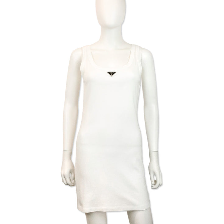 Prada White Enameled-Logo Tank Mini Dress