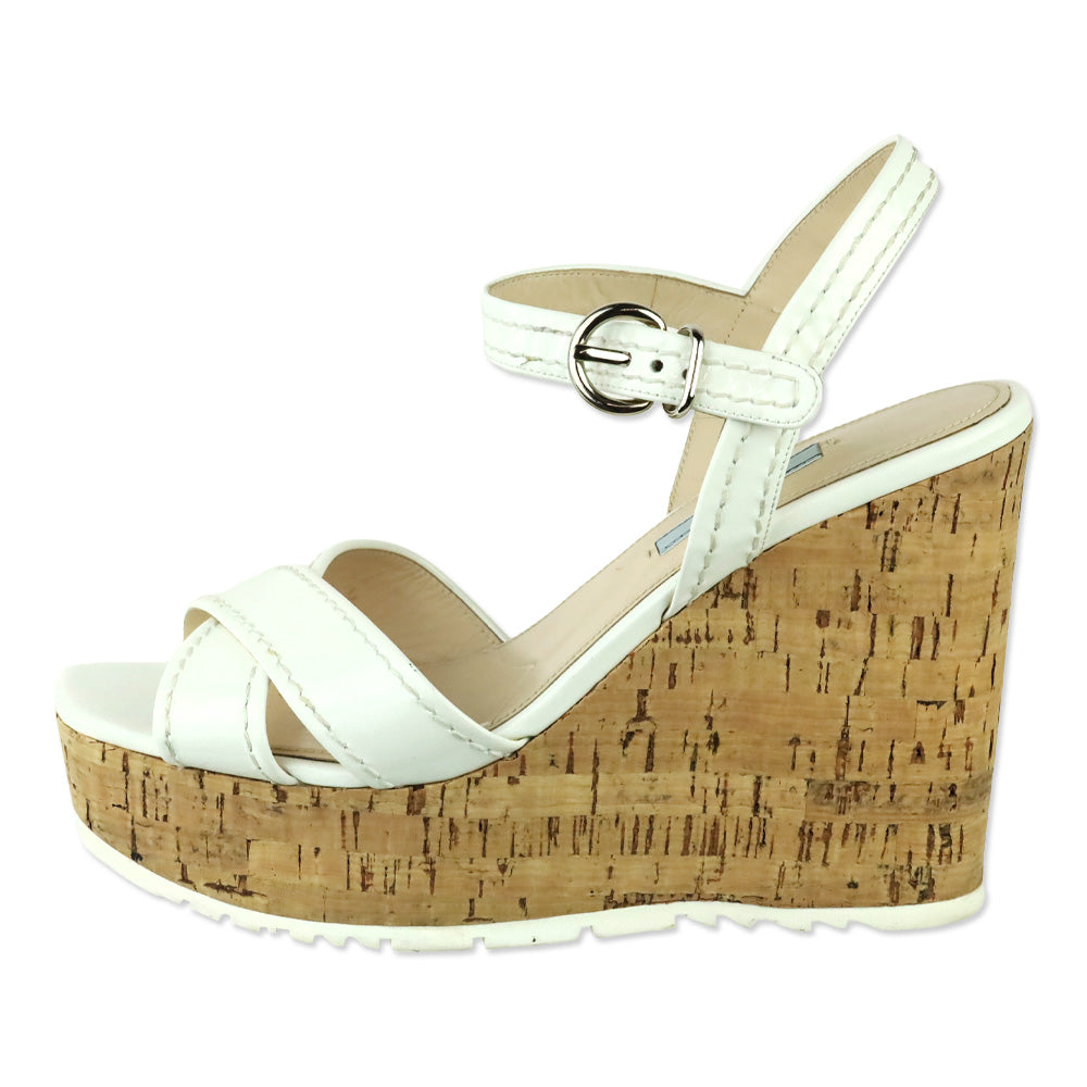 Prada White Patent Leather Cork Wedges Sandals